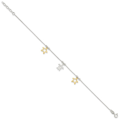 Sterling Silver Gold-Tone Turtle and Starfish 9in Plus 1in Ext Anklet