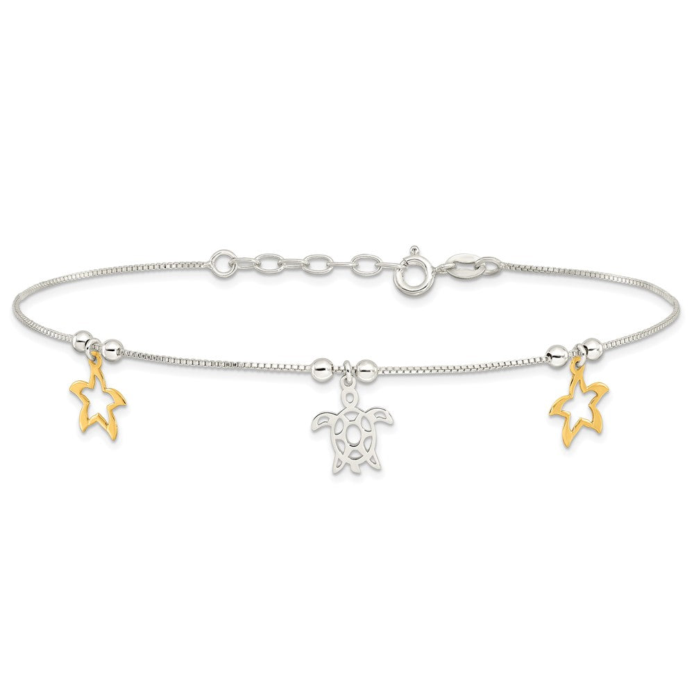 Sterling Silver Gold-Tone Turtle and Starfish 9in Plus 1in Ext Anklet