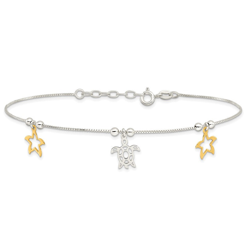 Sterling Silver Gold-Tone Turtle and Starfish 9in Plus 1in Ext Anklet