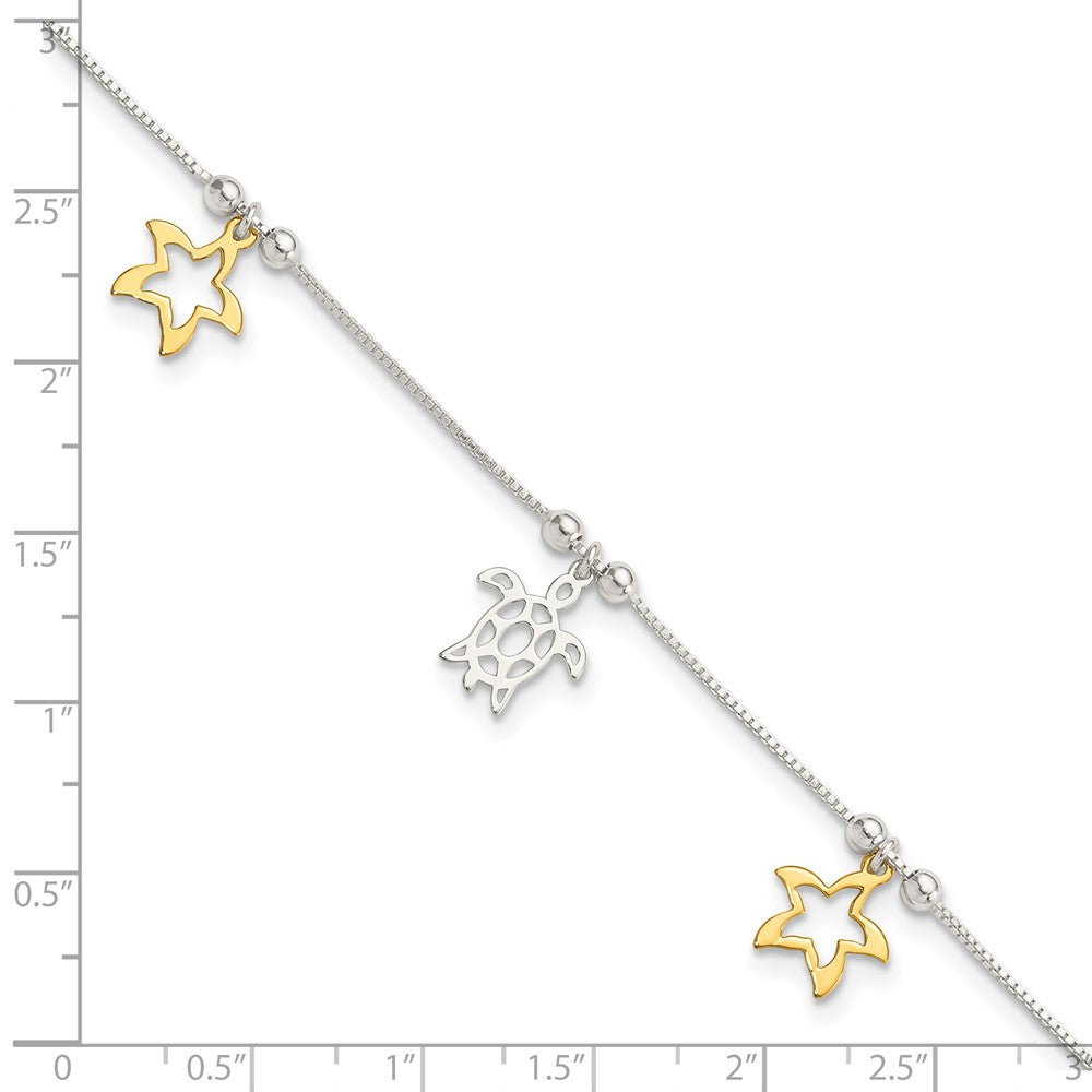 Sterling Silver Gold-Tone Turtle and Starfish 9in Plus 1in Ext Anklet