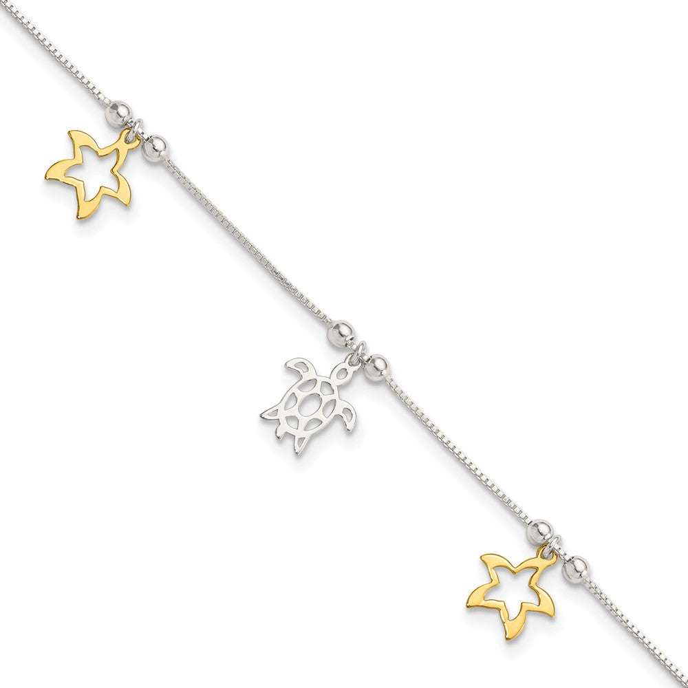 Sterling Silver Gold-Tone Turtle and Starfish 9in Plus 1in Ext Anklet