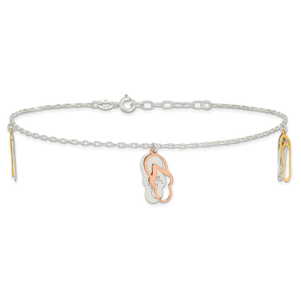 Sterling Silver with Rose and Gold-Tone Flip Flops 9in Plus 1in Ext Anklet