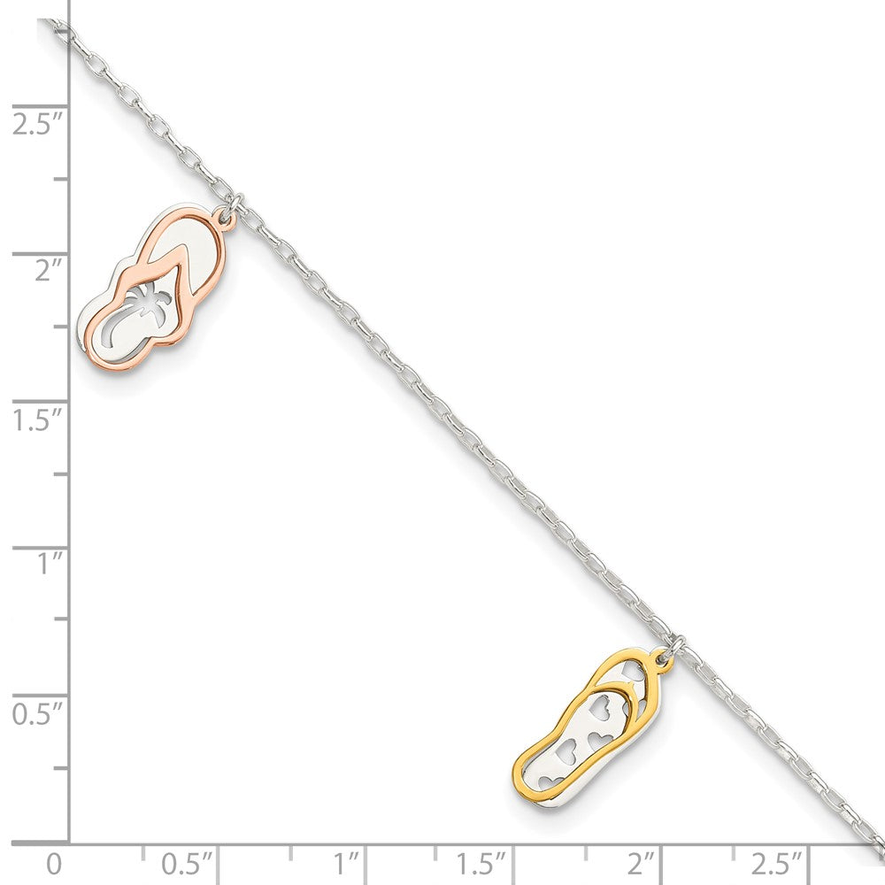 Sterling Silver with Rose and Gold-Tone Flip Flops 9in Plus 1in Ext Anklet