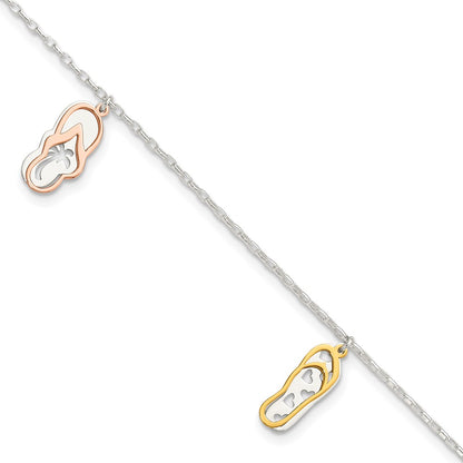 Sterling Silver with Rose and Gold-Tone Flip Flops 9in Plus 1in Ext Anklet