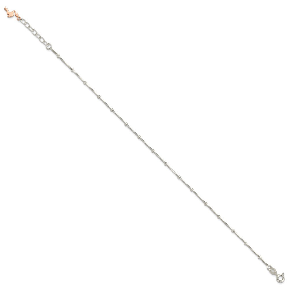 Sterling Silver Beaded Rose-Tone Flamingo 9in Plus 1 Inch Ext Anklet