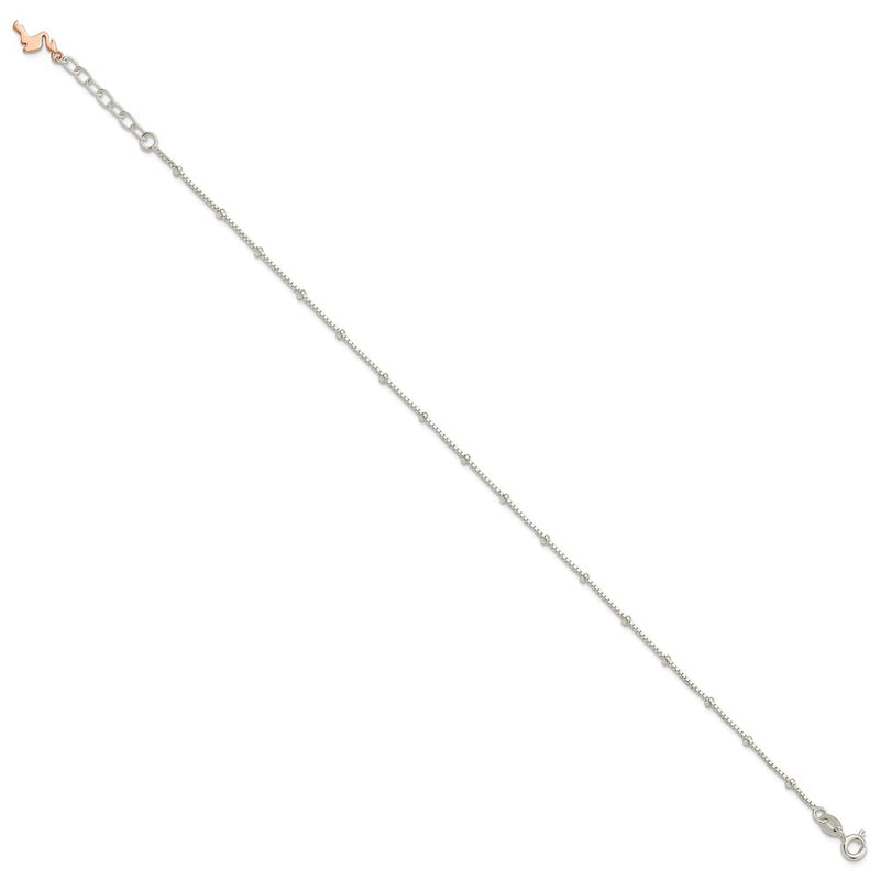 Sterling Silver Beaded Rose-Tone Flamingo 9in Plus 1 Inch Ext Anklet
