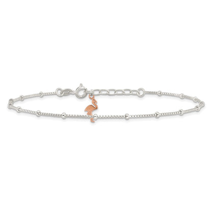 Sterling Silver Beaded Rose-Tone Flamingo 9in Plus 1 Inch Ext Anklet
