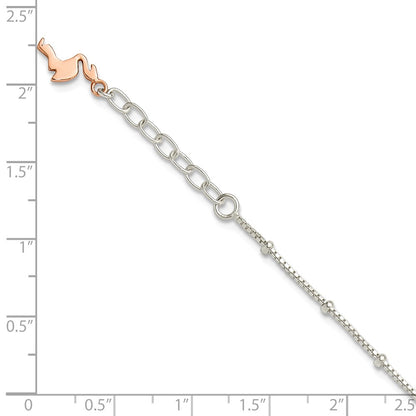 Sterling Silver Beaded Rose-Tone Flamingo 9in Plus 1 Inch Ext Anklet
