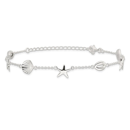Sterling Silver Polished Sea Life 8.5in Plus 2in Ext. Bracelet