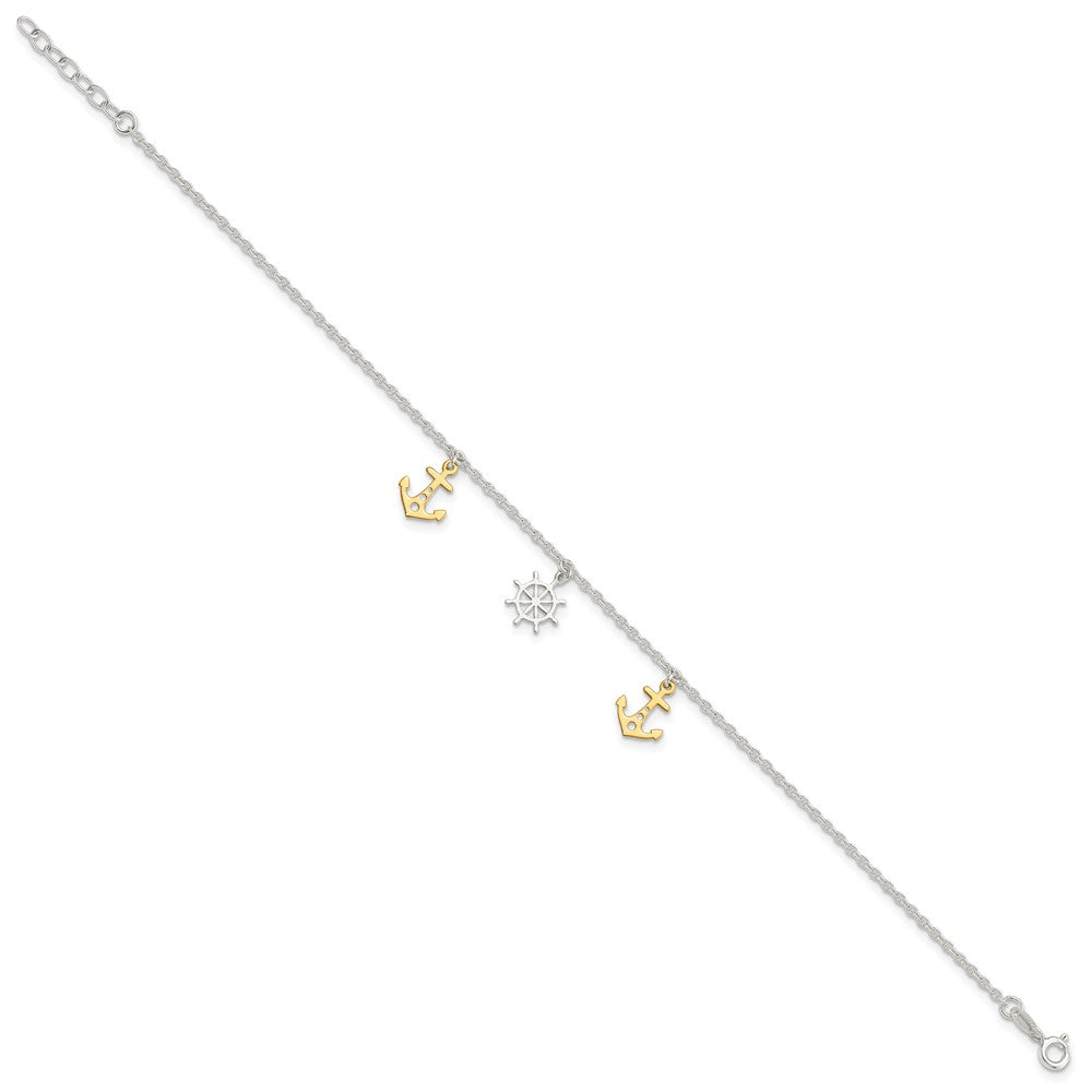 Sterling Silver Gold-Tone Anchor/ship's Wheel 9in Plus 1in Ext Anklet