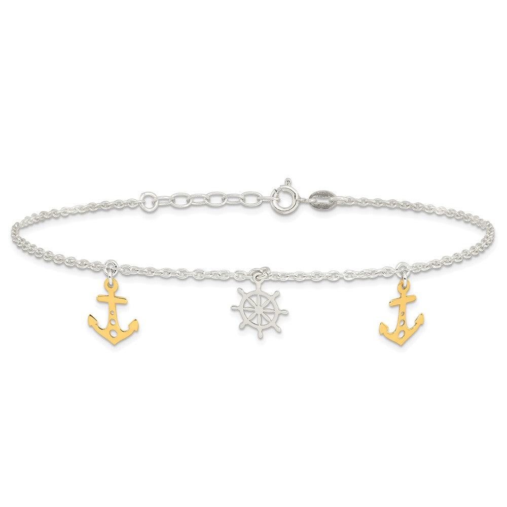 Sterling Silver Gold-Tone Anchor/ship's Wheel 9in Plus 1in Ext Anklet