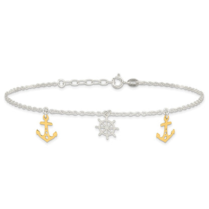 Sterling Silver Gold-Tone Anchor/ship's Wheel 9in Plus 1in Ext Anklet