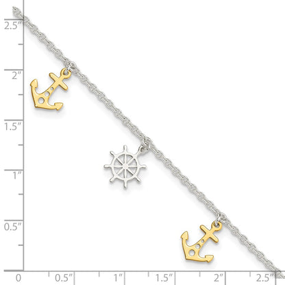 Sterling Silver Gold-Tone Anchor/ship's Wheel 9in Plus 1in Ext Anklet