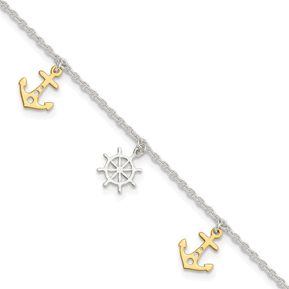 Sterling Silver Gold-Tone Anchor/ship's Wheel 9in Plus 1in Ext Anklet