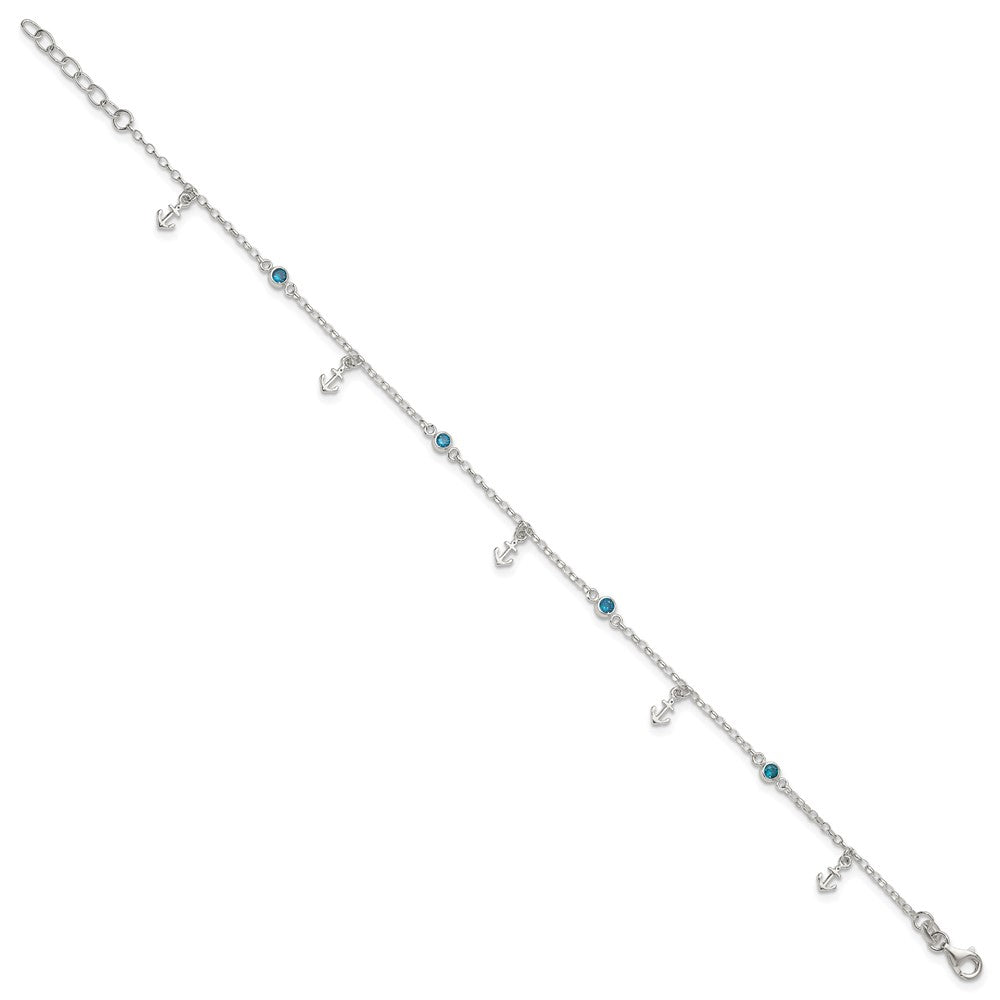 Sterling Silver Polished Blue CZ and Anchors 9in Plus 1in Ext Anklet