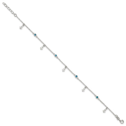 Sterling Silver Polished Blue CZ and Anchors 9in Plus 1in Ext Anklet