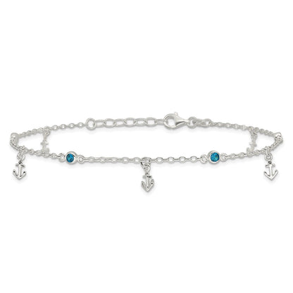 Sterling Silver Polished Blue CZ and Anchors 9in Plus 1in Ext Anklet