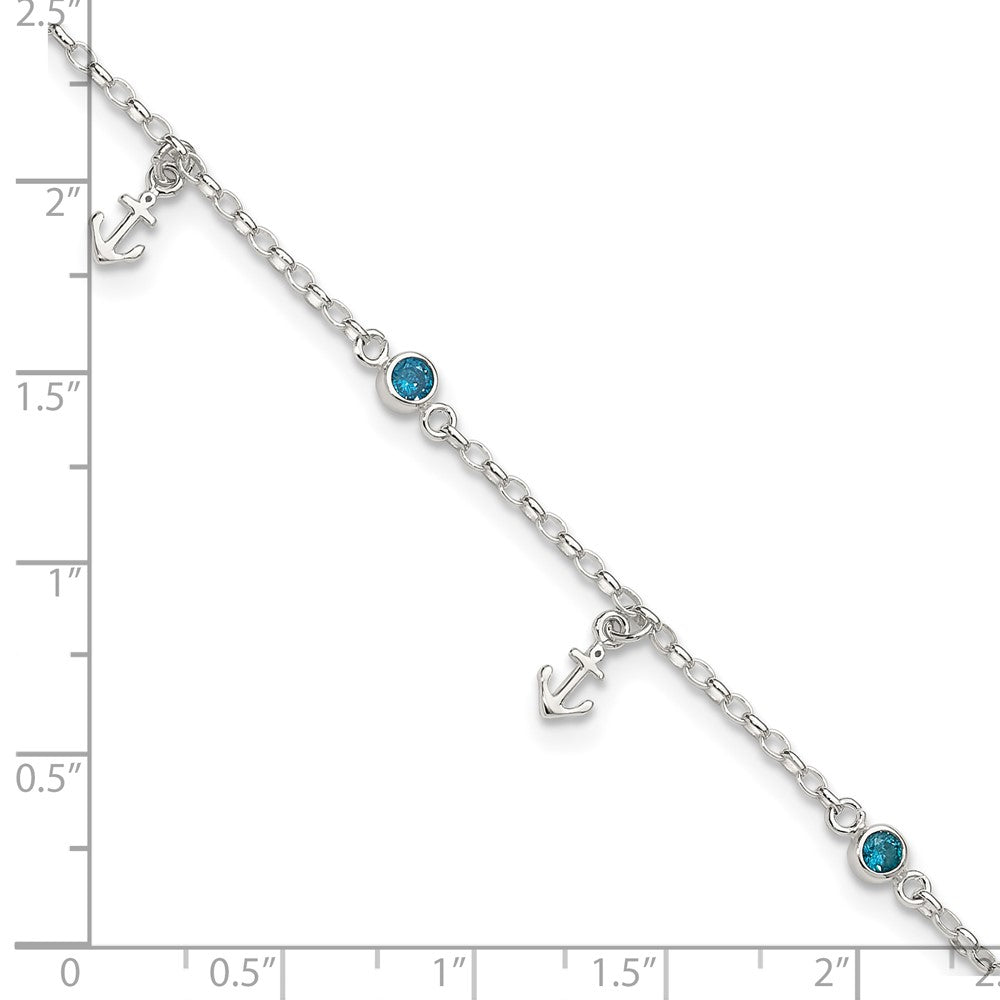 Sterling Silver Polished Blue CZ and Anchors 9in Plus 1in Ext Anklet