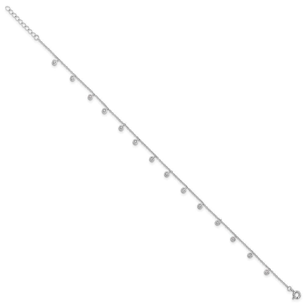 Sterling Silver Rhodium-Plated Bezel CZ 9in Plus 1in Ext Anklet