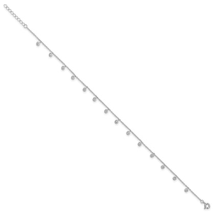 Sterling Silver Rhodium-Plated Bezel CZ 9in Plus 1in Ext Anklet