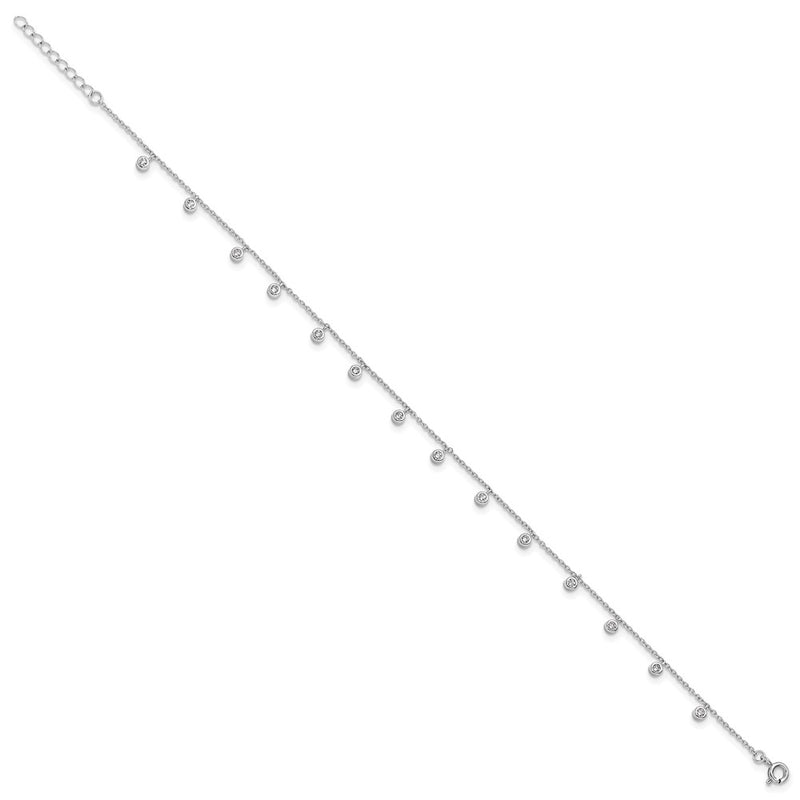 Sterling Silver Rhodium-Plated Bezel CZ 9in Plus 1in Ext Anklet