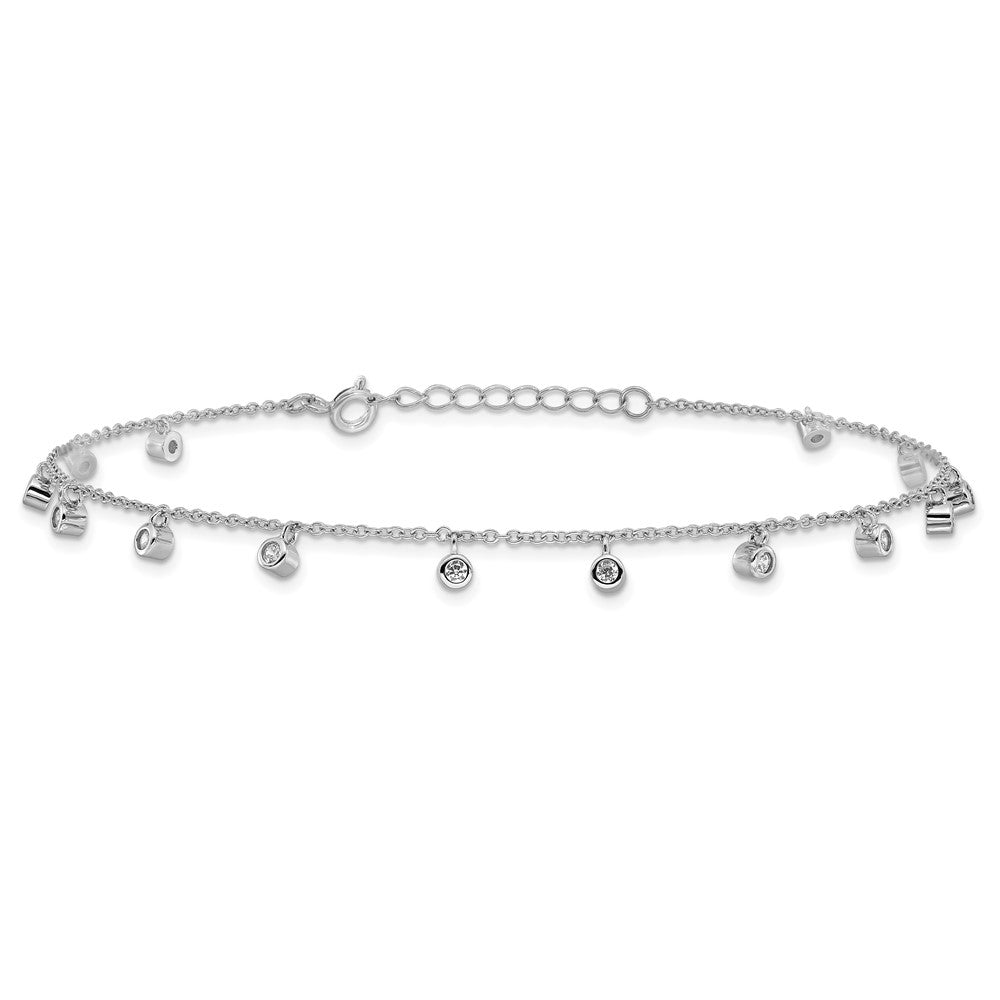 Sterling Silver Rhodium-Plated Bezel CZ 9in Plus 1in Ext Anklet