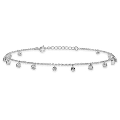 Sterling Silver Rhodium-Plated Bezel CZ 9in Plus 1in Ext Anklet