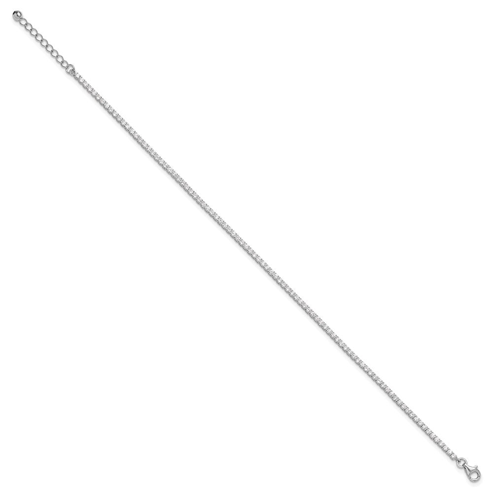 Sterling Silver Rhodium-Plated 2mm CZ 9in Plus 1in Ext Tennis Anklet