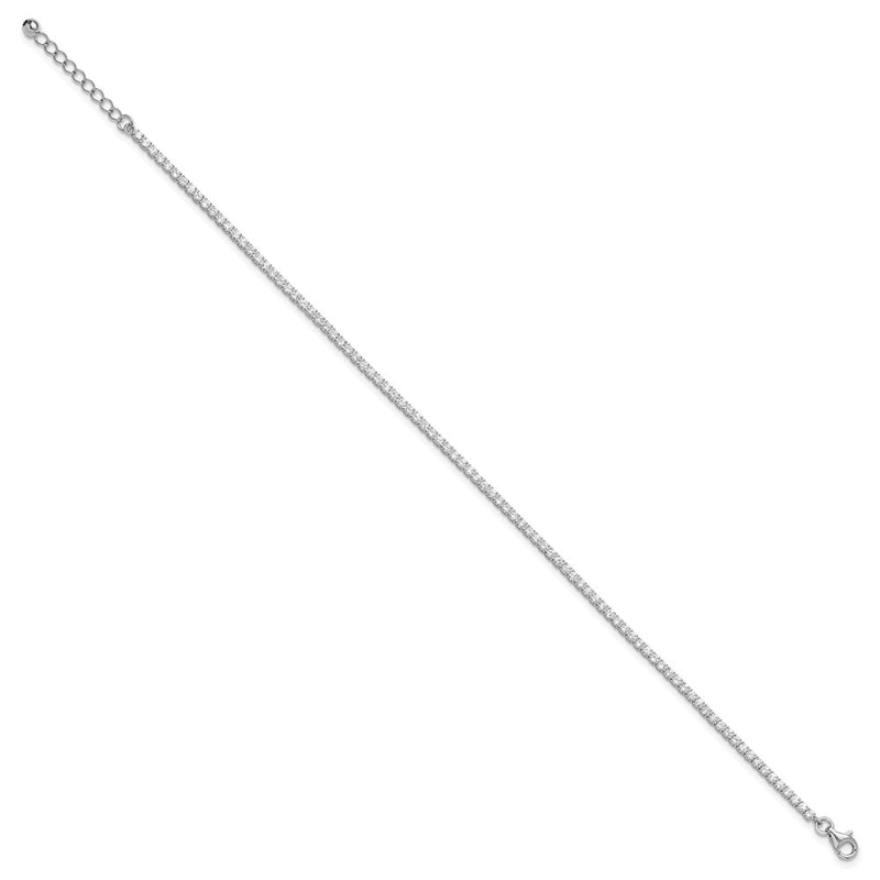 Sterling Silver Rhodium-Plated 2mm CZ 9in Plus 1in Ext Tennis Anklet