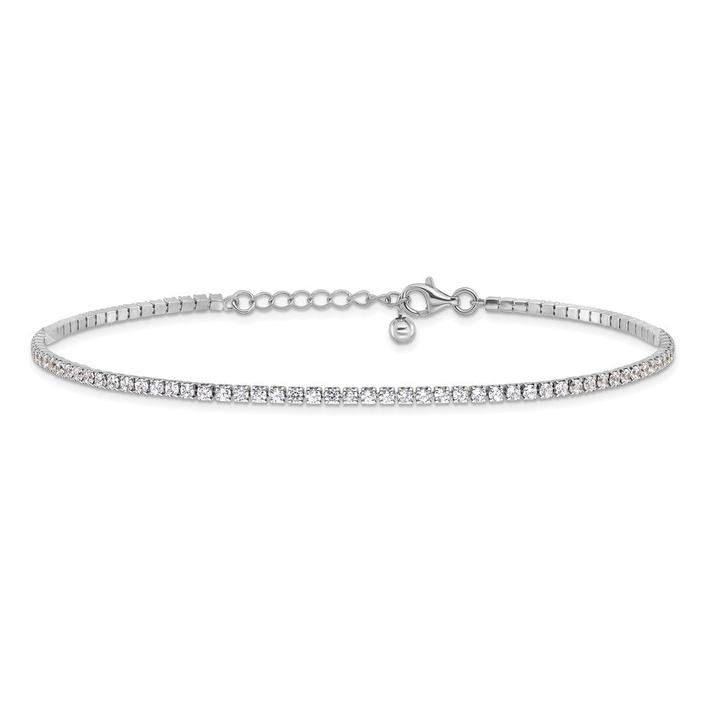 Sterling Silver Rhodium-Plated 2mm CZ 9in Plus 1in Ext Tennis Anklet