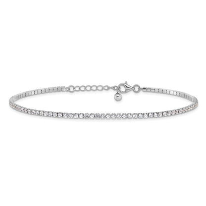 Sterling Silver Rhodium-Plated 2mm CZ 9in Plus 1in Ext Tennis Anklet