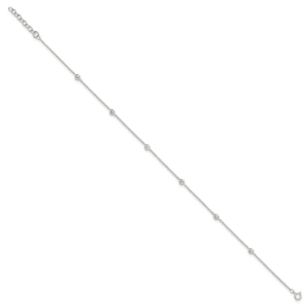 Sterling Silver E-Coated CZ Stations 9.75in Plus 1in Ext. Anklet