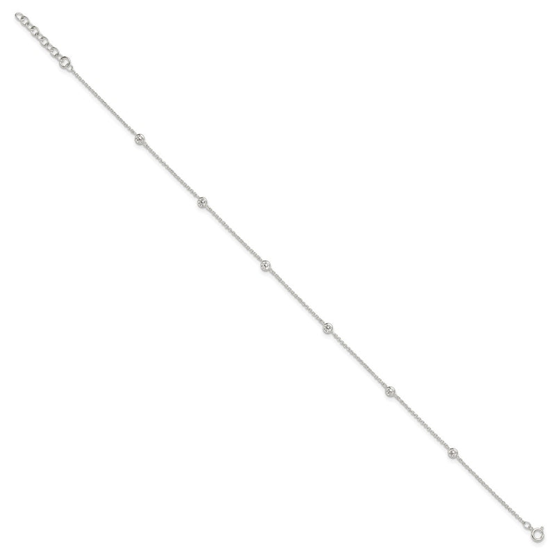 Sterling Silver E-Coated CZ Stations 9.75in Plus 1in Ext. Anklet