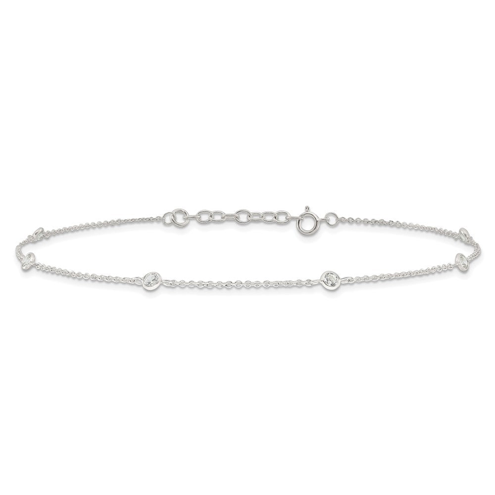 Sterling Silver E-Coated CZ Stations 9.75in Plus 1in Ext. Anklet
