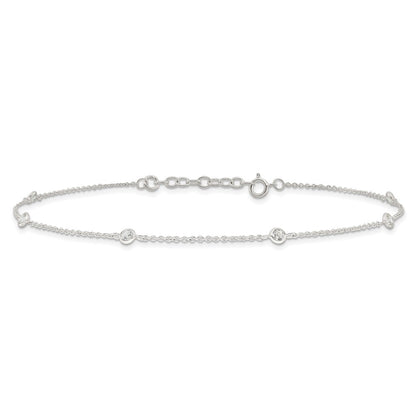 Sterling Silver E-Coated CZ Stations 9.75in Plus 1in Ext. Anklet