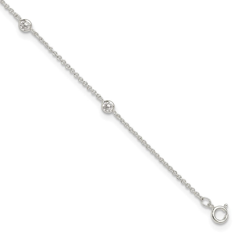 Sterling Silver E-Coated CZ Stations 9.75in Plus 1in Ext. Anklet