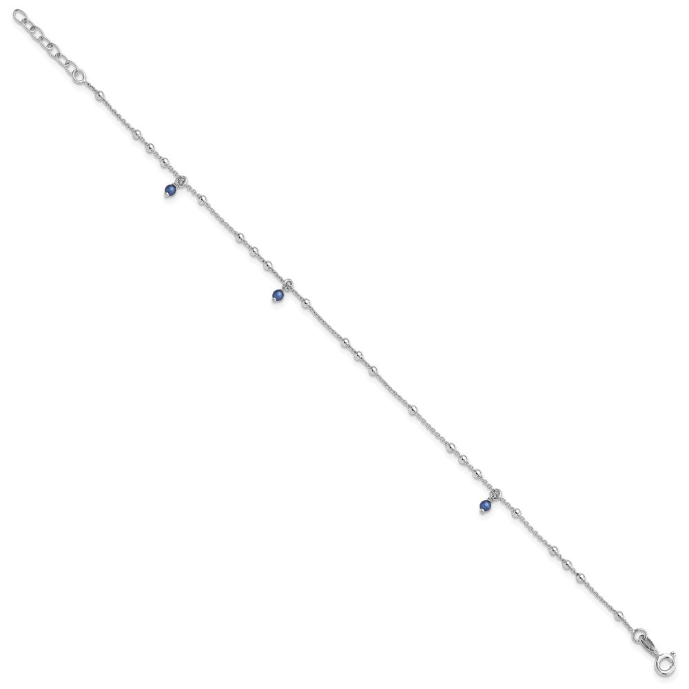 Sterling Silver Rhodium-Plated Blue Crystal Bead 9in Plus 1in Ext Anklet
