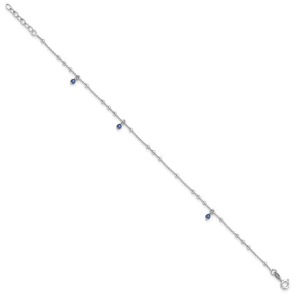 Sterling Silver Rhodium-Plated Blue Crystal Bead 9in Plus 1in Ext Anklet