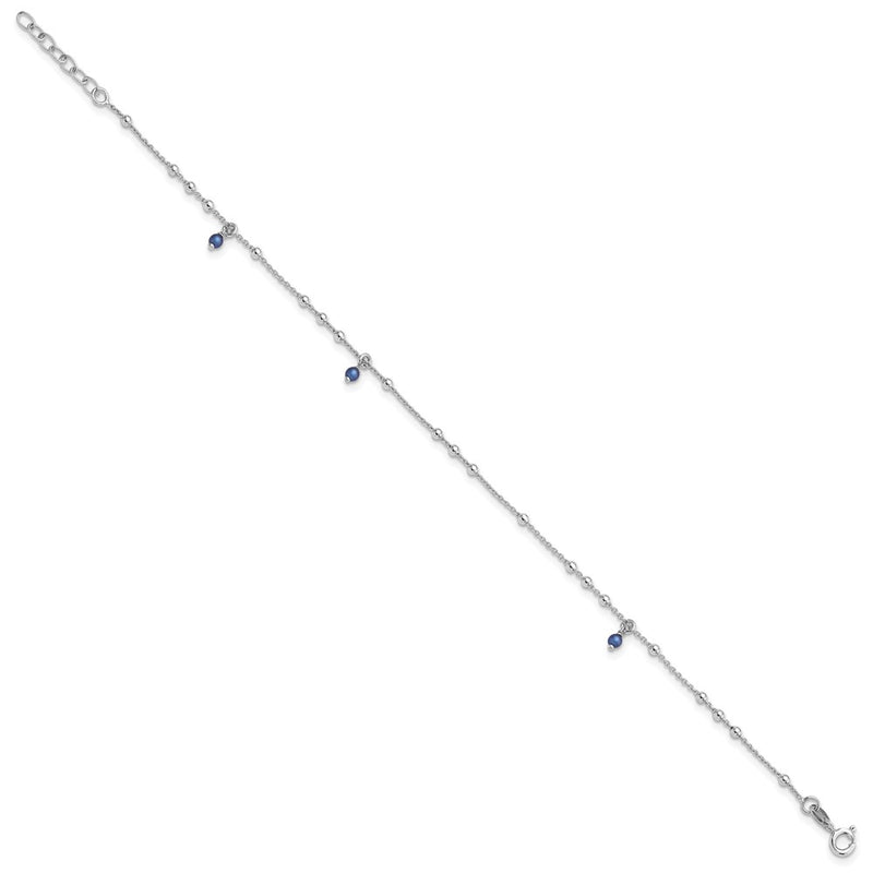 Sterling Silver Rhodium-Plated Blue Crystal Bead 9in Plus 1in Ext Anklet