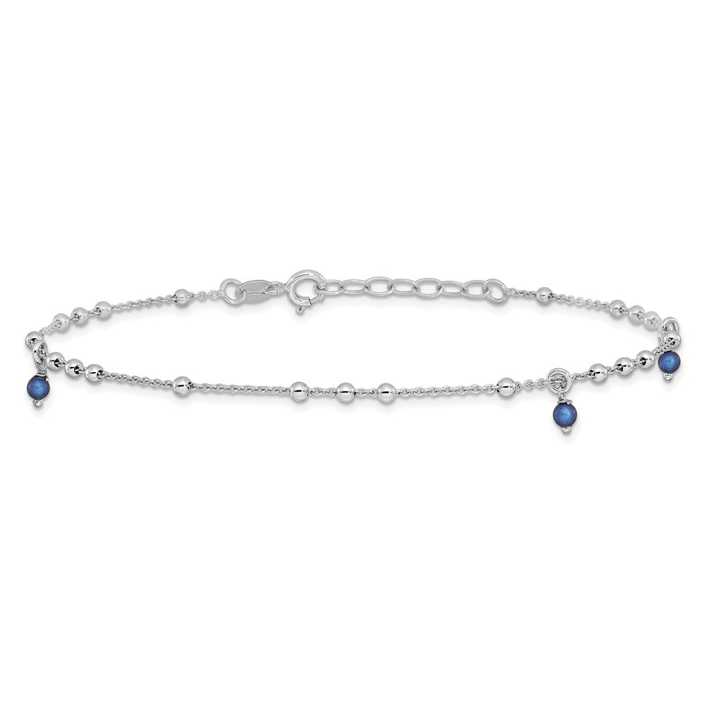 Sterling Silver Rhodium-Plated Blue Crystal Bead 9in Plus 1in Ext Anklet