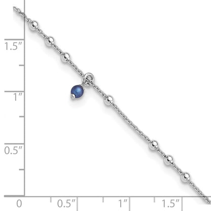 Sterling Silver Rhodium-Plated Blue Crystal Bead 9in Plus 1in Ext Anklet