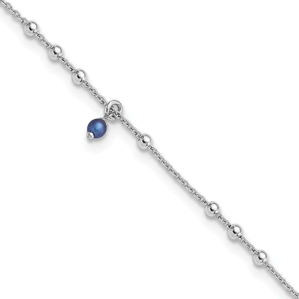 Sterling Silver Rhodium-Plated Blue Crystal Bead 9in Plus 1in Ext Anklet