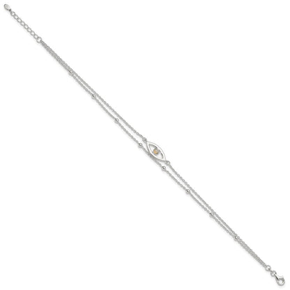 Sterling Silver Polished Created Opal Eye and Bead 9in Plus 1in Ext Anklet