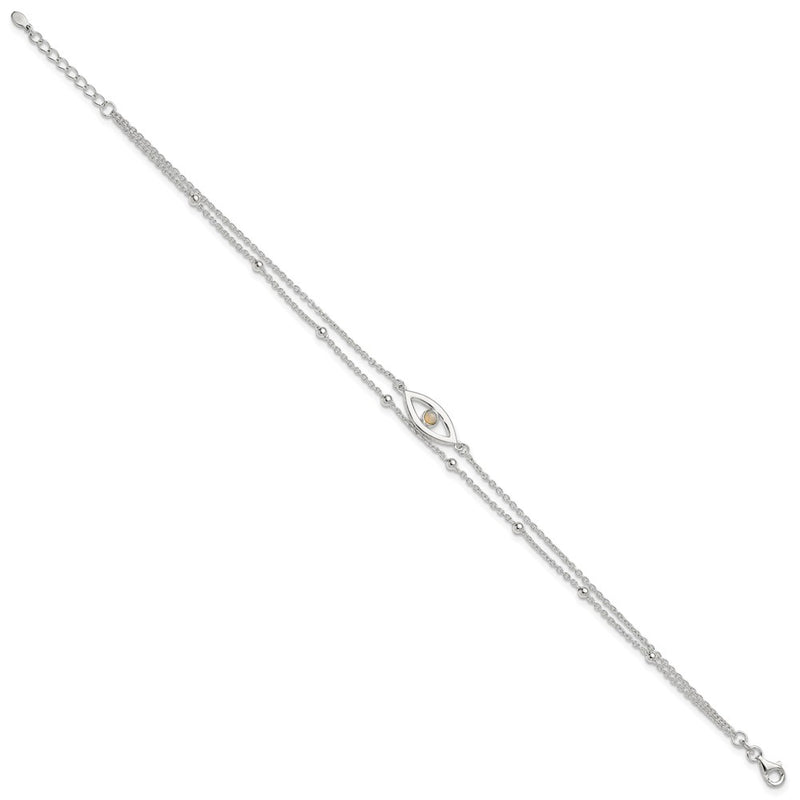 Sterling Silver Polished Created Opal Eye and Bead 9in Plus 1in Ext Anklet