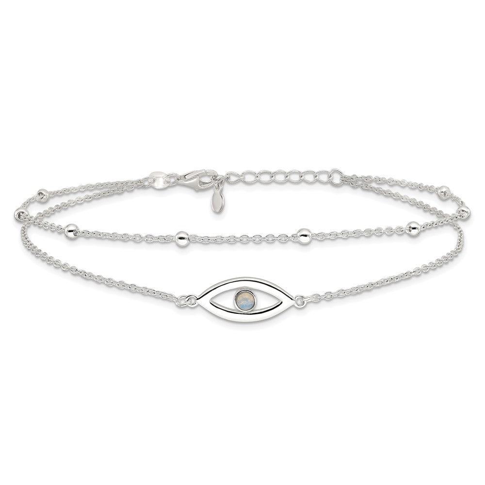 Sterling Silver Polished Created Opal Eye and Bead 9in Plus 1in Ext Anklet