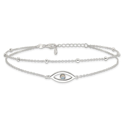 Sterling Silver Polished Created Opal Eye and Bead 9in Plus 1in Ext Anklet