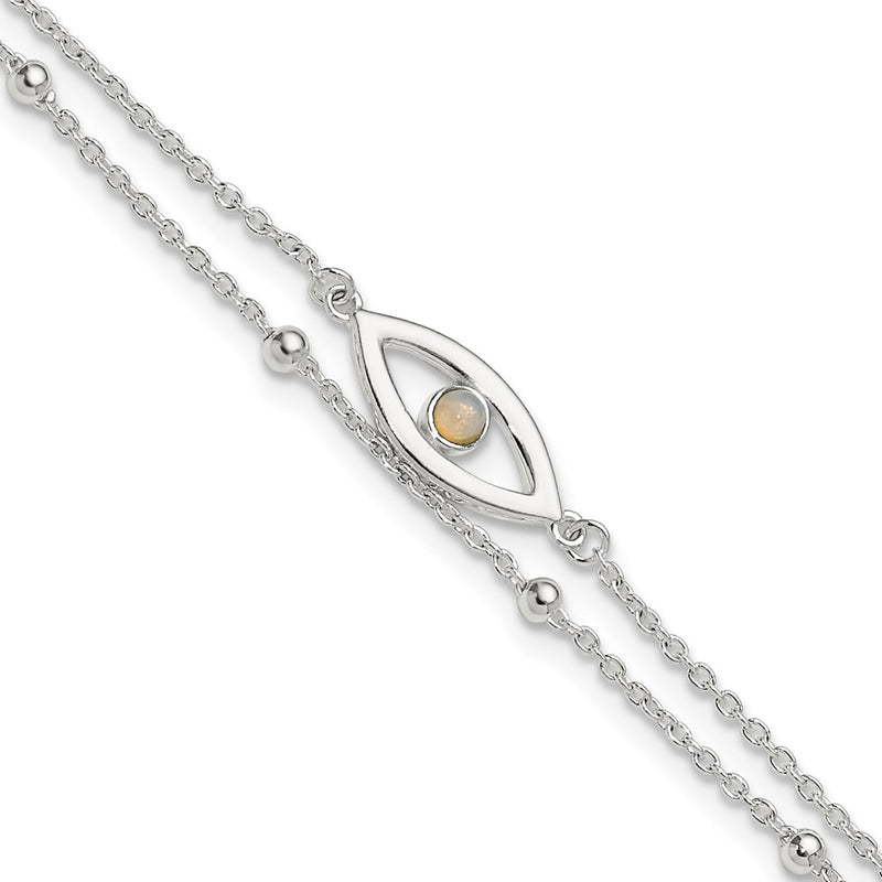 Sterling Silver Polished Created Opal Eye and Bead 9in Plus 1in Ext Anklet
