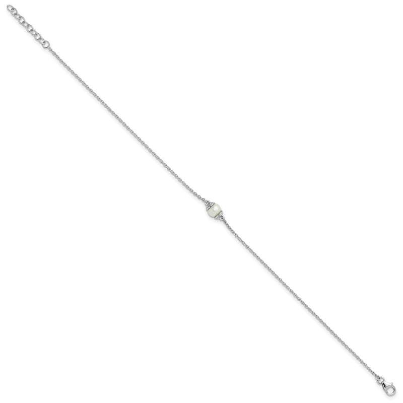 Sterling Silver Rhodium-Plated Fwc Pearl 9in Plus 1in Ext Anklet