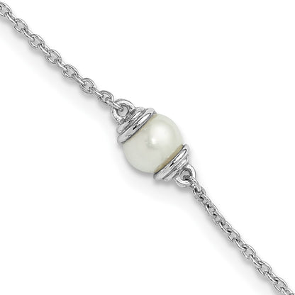 Sterling Silver Rhodium-Plated Fwc Pearl 9in Plus 1in Ext Anklet