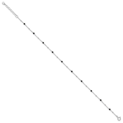 Sterling Silver Rhodium-Plated Onyx Beaded 9.25in Plus 1in Ext Anklet